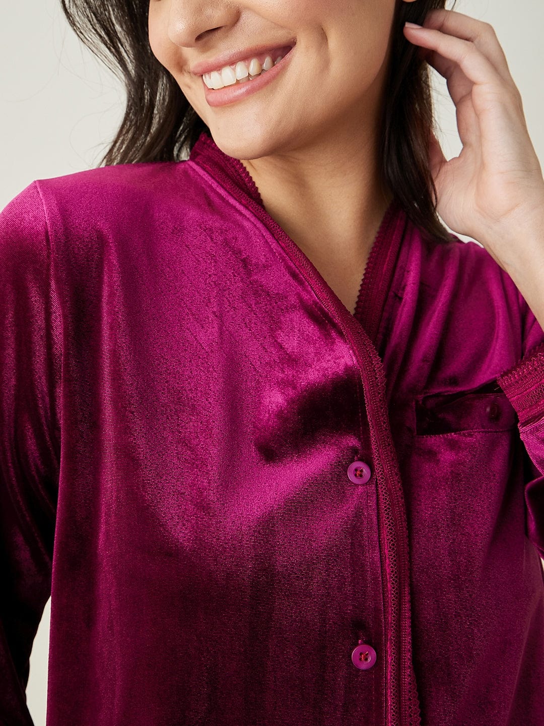 The Kaftan Company Lounge Set Wine Velvet Lounge Set with Button-Down Shirt