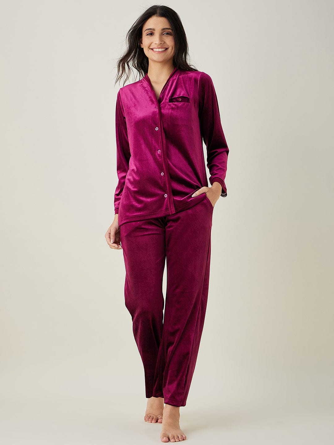 The Kaftan Company Lounge Set Wine Velvet Lounge Set with Button-Down Shirt