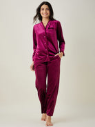 The Kaftan Company Lounge Set Wine Velvet Lounge Set with Button-Down Shirt