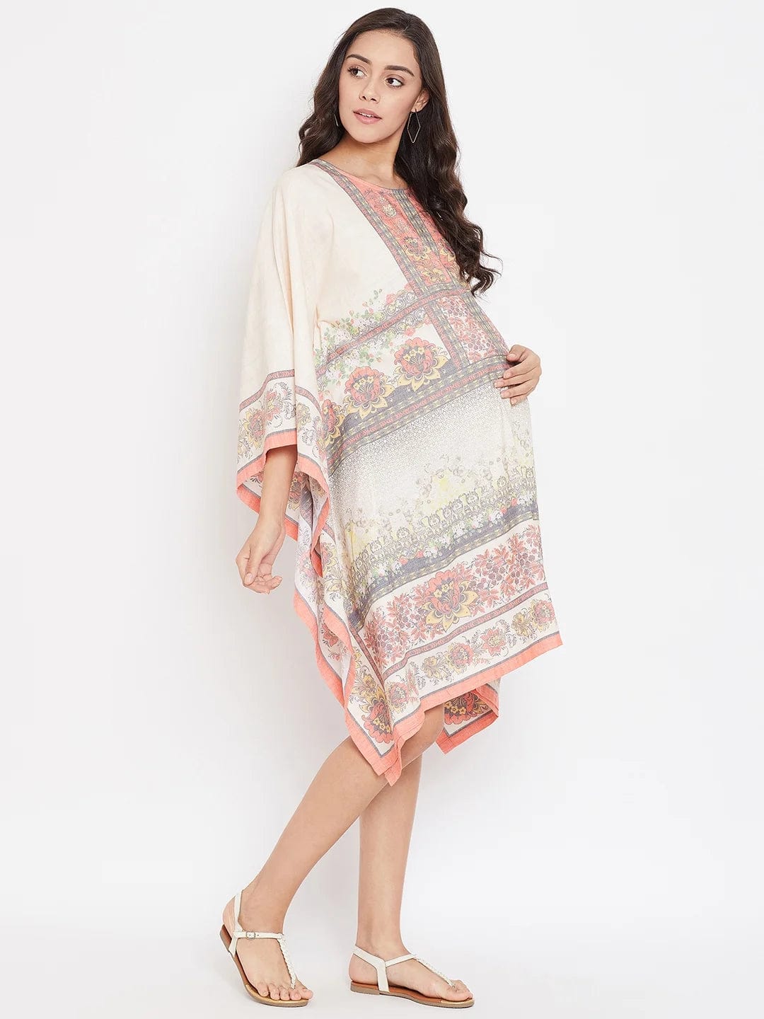 The Kaftan Company Maternity BEIGE PRINTED MATERNITY KAFTAN DRESS - (Clearance - Final Sale)