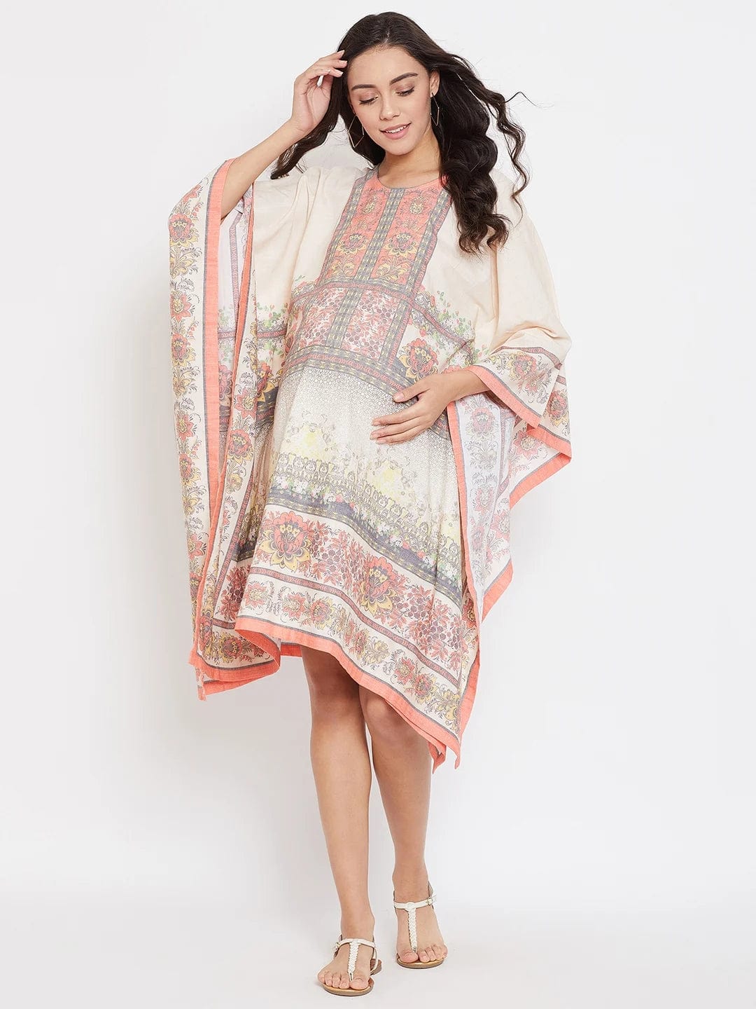 The Kaftan Company Maternity BEIGE PRINTED MATERNITY KAFTAN DRESS - (Clearance - Final Sale)