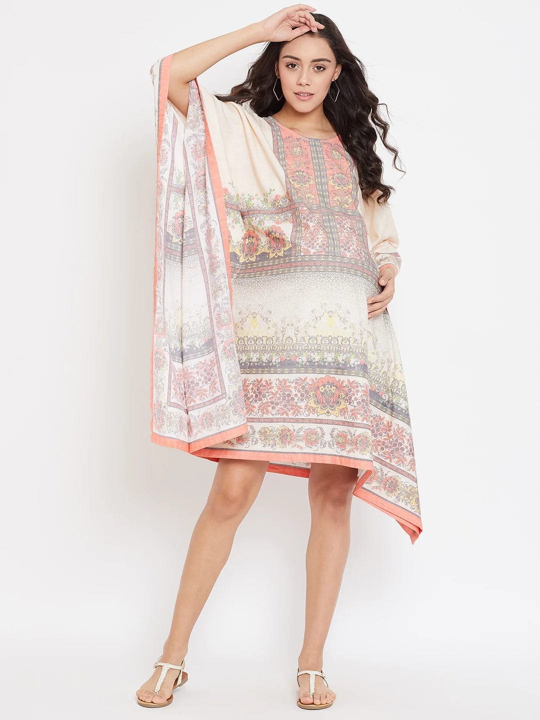 The Kaftan Company Maternity BEIGE PRINTED MATERNITY KAFTAN DRESS - (Clearance - Final Sale)
