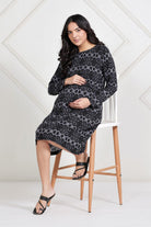 The Kaftan Company Maternity Black and Grey Geometric Print Viscose Lycra Maternity Dress