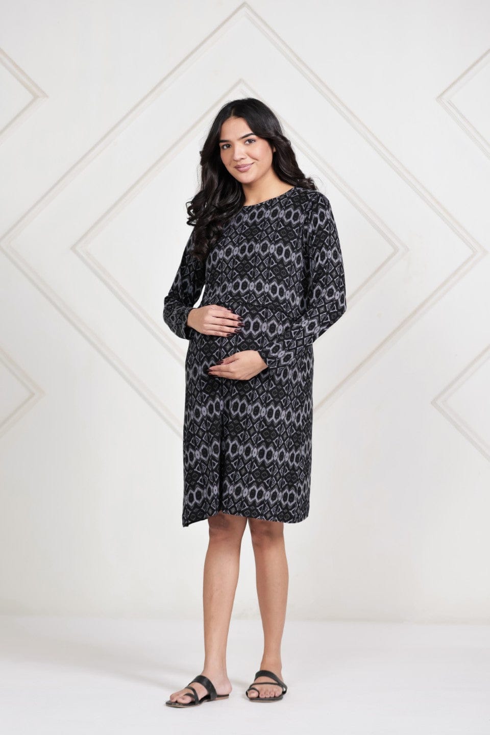 Black and Grey Geometric Print Viscose Lycra Maternity Dress XL