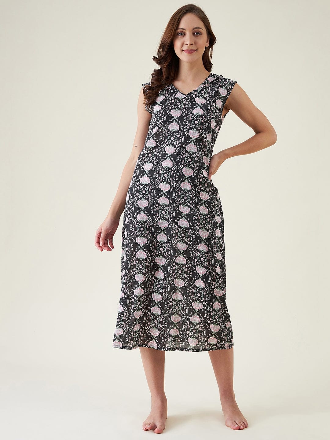The Kaftan Company Negligee Black Floral Cotton Nightdress