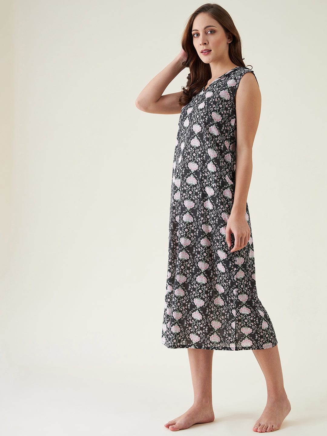 The Kaftan Company Negligee Black Floral Cotton Nightdress