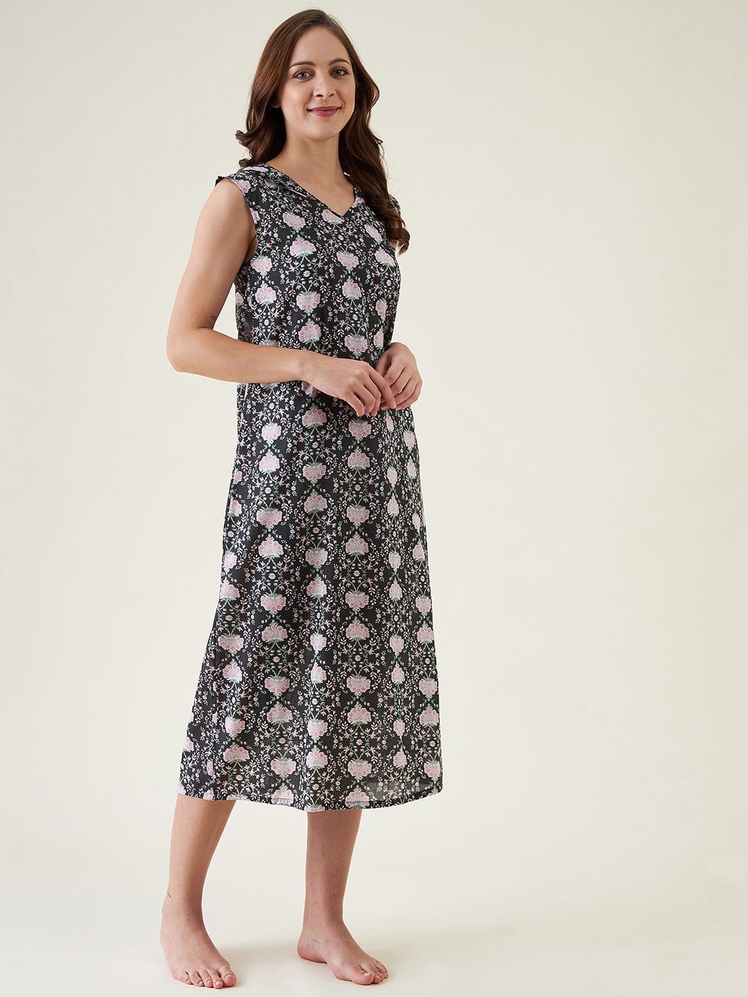 The Kaftan Company Negligee Black Floral Cotton Nightdress