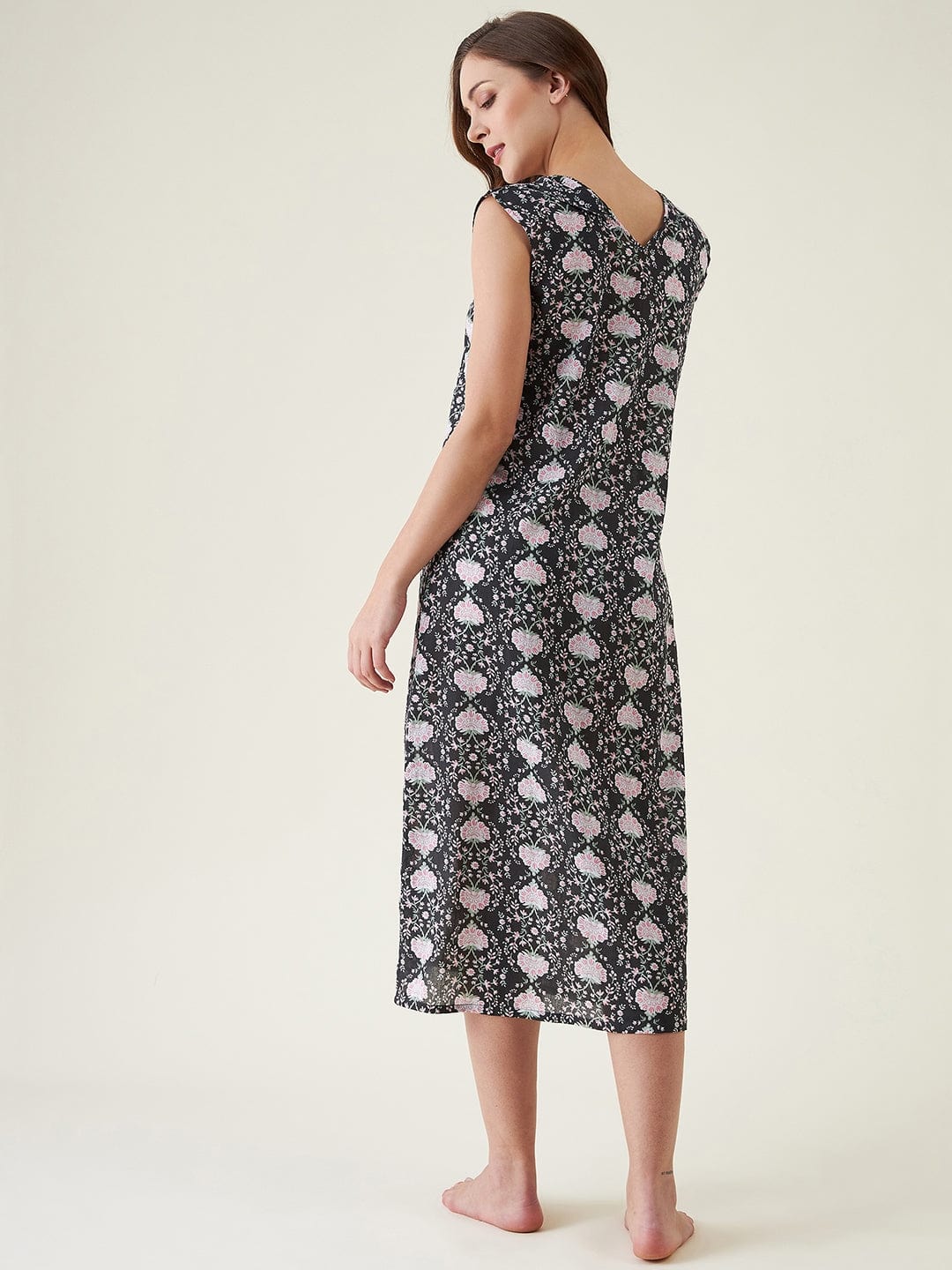 The Kaftan Company Negligee Black Floral Cotton Nightdress