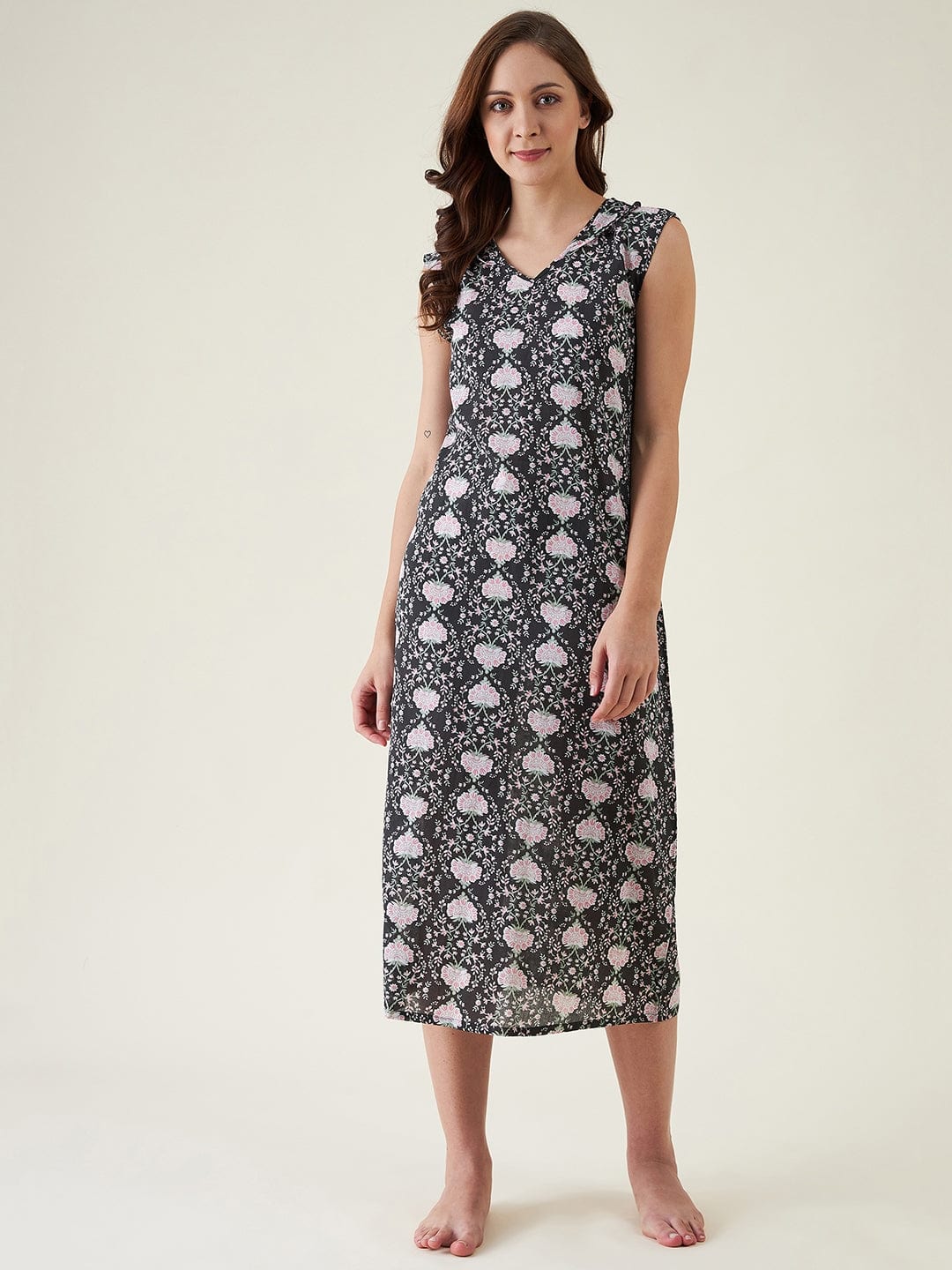 The Kaftan Company Negligee Black Floral Cotton Nightdress
