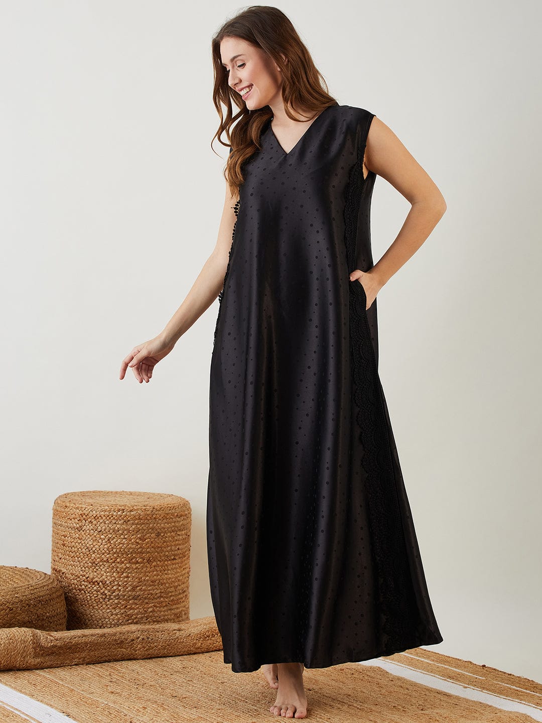The Kaftan Company Negligee Black Satin Negligee Nightdress with Lace