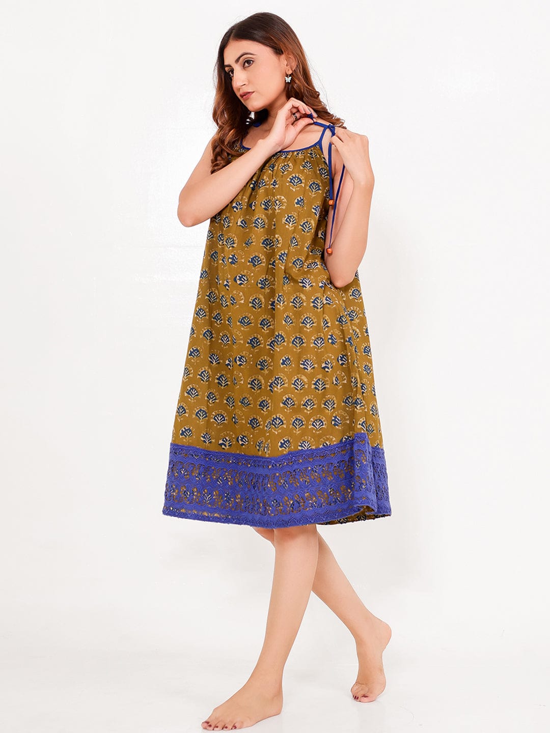The Kaftan Company Negligee Block Printed Cotton Negligee – Tie-Strap