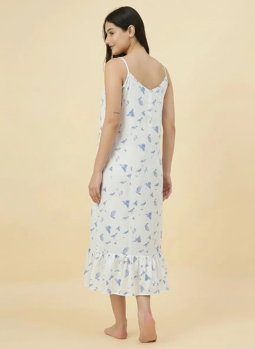 The Kaftan Company Negligee Blue Bird Print White Modal Nightdress