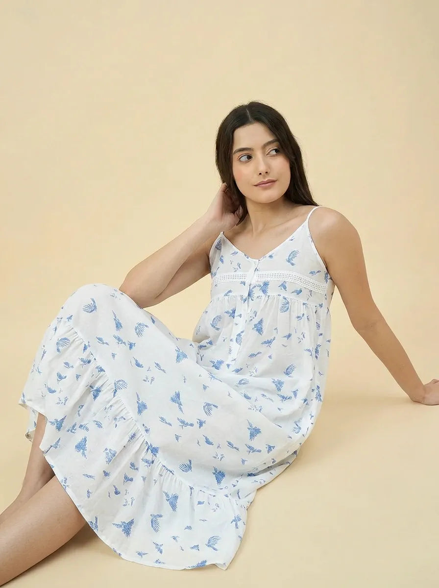 The Kaftan Company Negligee Blue Bird Print White Modal Nightdress