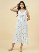 The Kaftan Company Negligee Blue Bird Print White Modal Nightdress