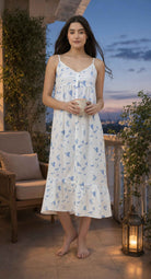 The Kaftan Company Negligee Blue Bird Print White Modal Nightdress