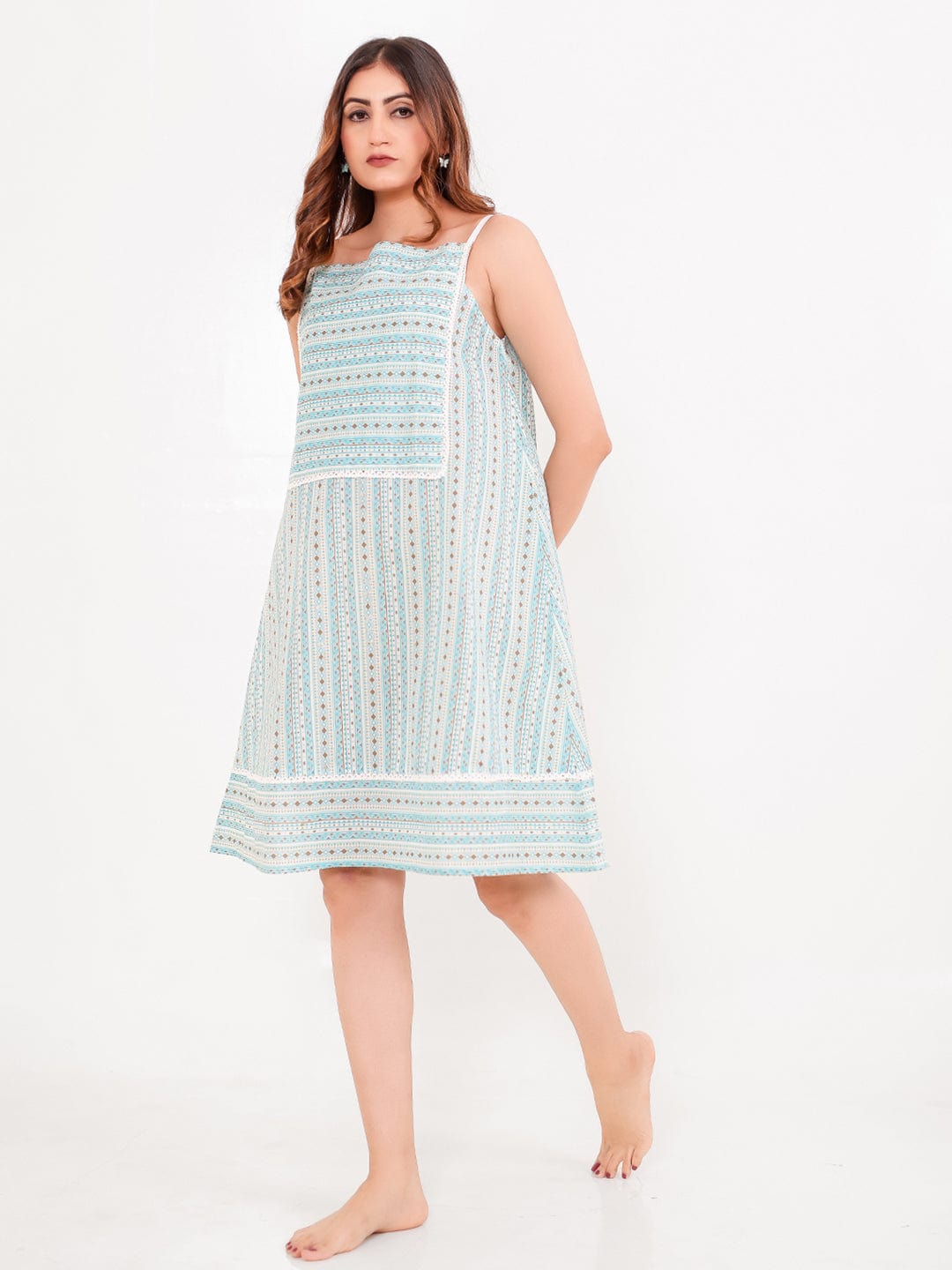 The Kaftan Company Negligee Cotton Negligee – Mint Stripe Print with Delicate Lace