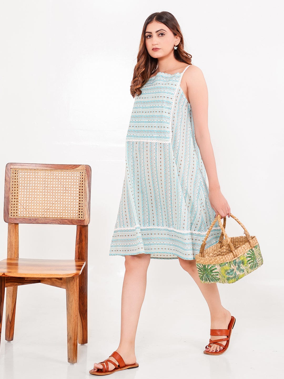 The Kaftan Company Negligee Cotton Negligee – Mint Stripe Print with Delicate Lace