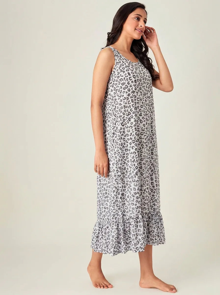 The Kaftan Company Negligee Grey Leopard Print Modal Negligee with Tie-Up Neckline