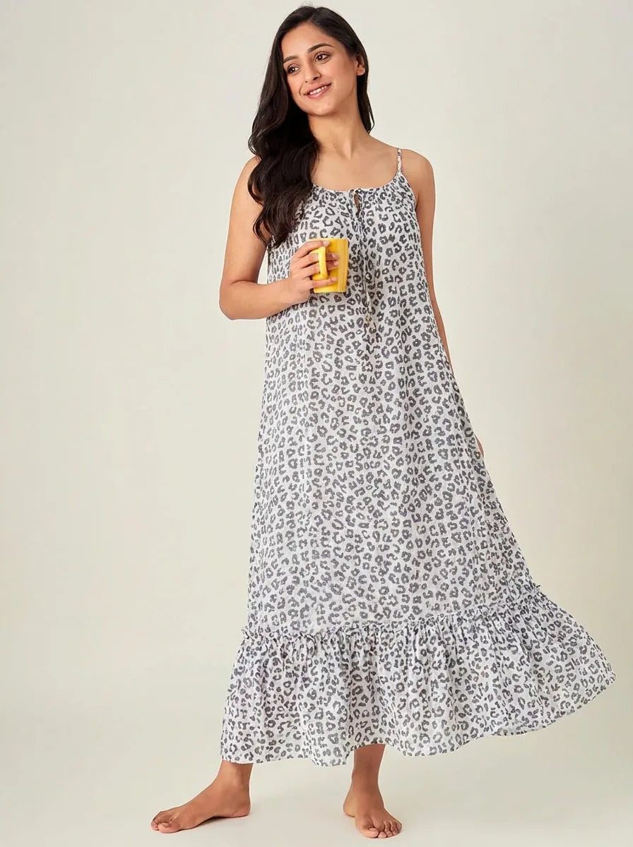The Kaftan Company Negligee Grey Leopard Print Modal Negligee with Tie-Up Neckline