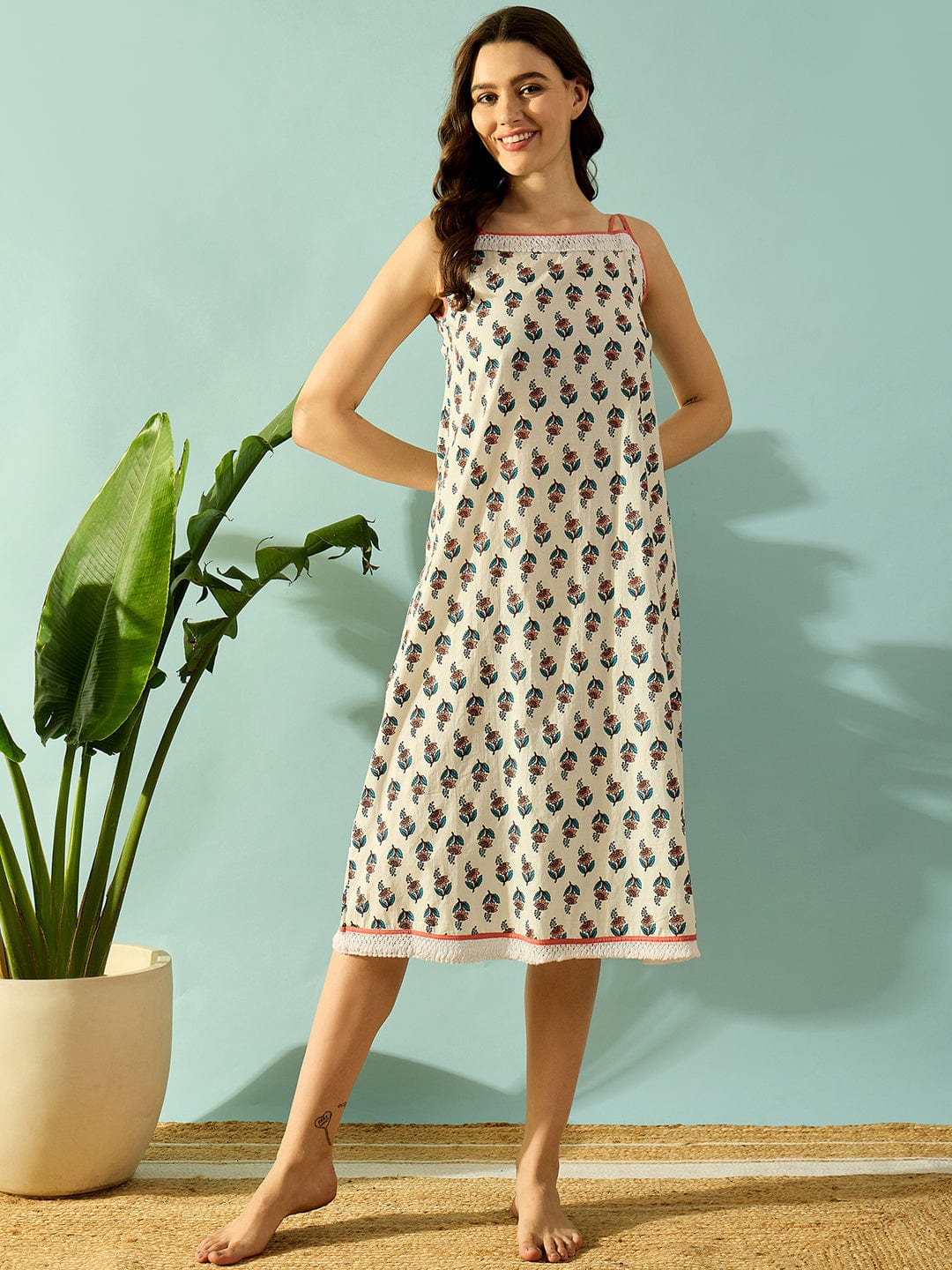 The Kaftan Company Negligee Lace Delight White Floral Night Dress