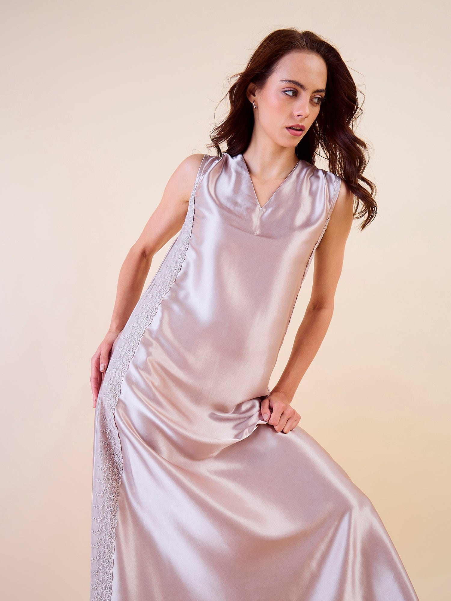 The Kaftan Company Negligee Maxi Satin Luxe Sleeveless Nightdress with Lace Accents