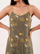 The Kaftan Company Negligee Olive Green Floral Modal Strappy Negligee with Yellow Trim