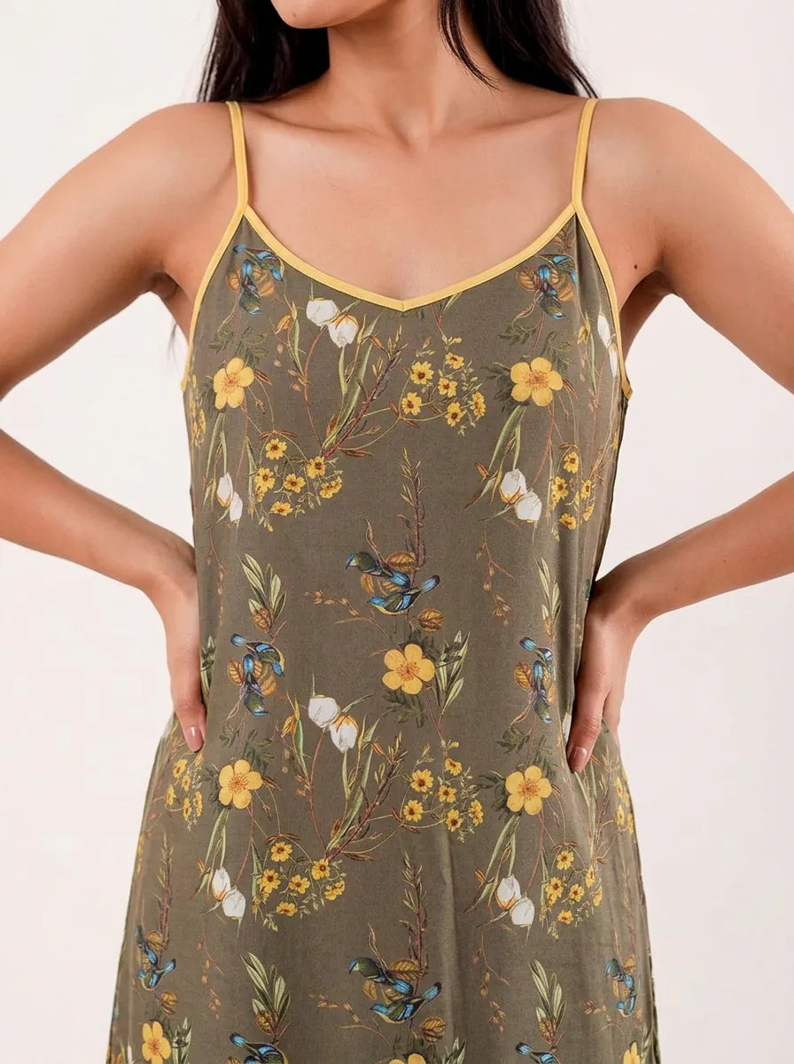 The Kaftan Company Negligee Olive Green Floral Modal Strappy Negligee with Yellow Trim