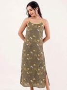 The Kaftan Company Negligee Olive Green Floral Modal Strappy Negligee with Yellow Trim
