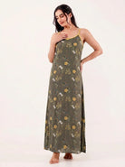 The Kaftan Company Negligee Olive Green Floral Modal Strappy Negligee with Yellow Trim