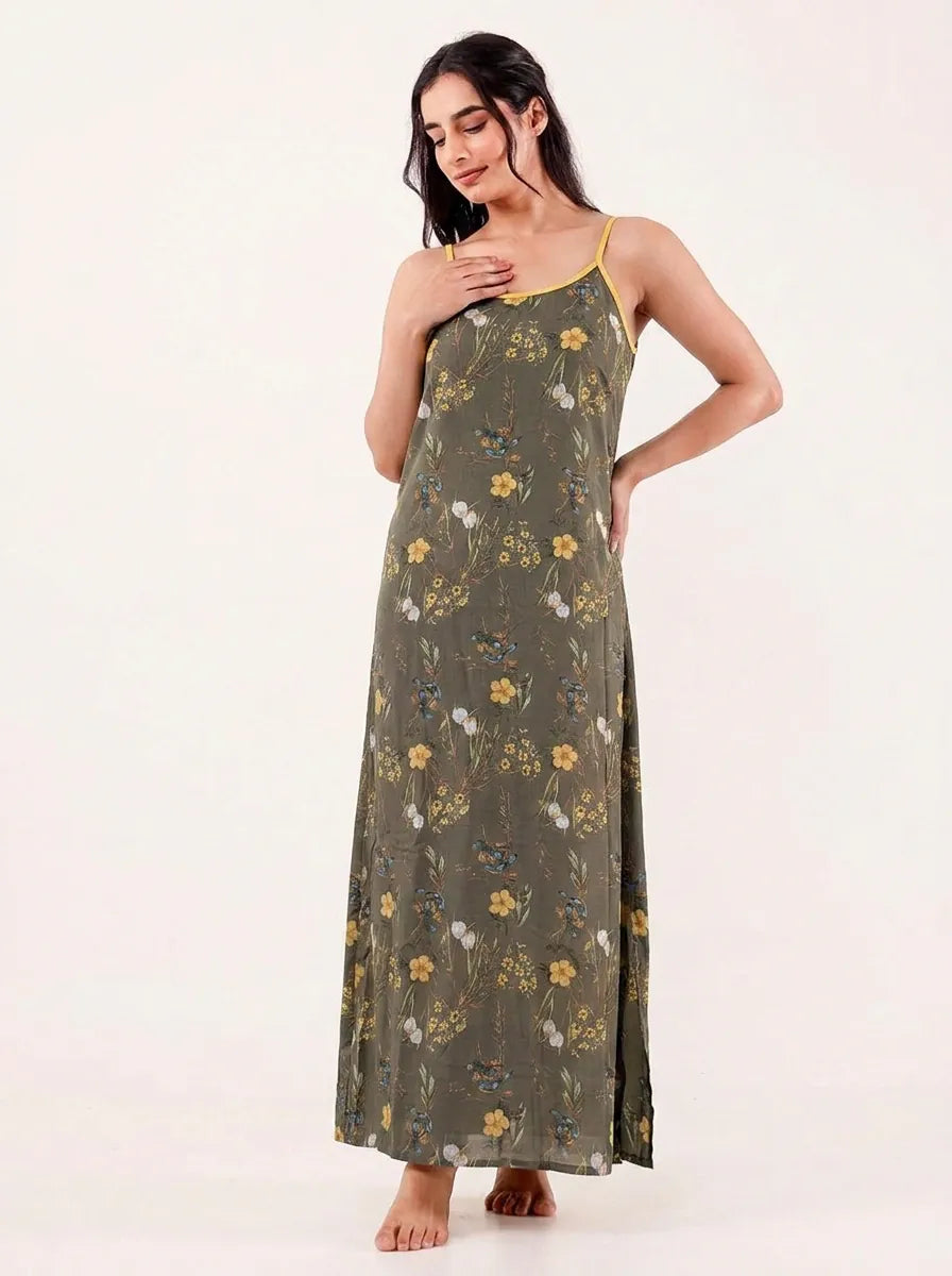 The Kaftan Company Negligee Olive Green Floral Modal Strappy Negligee with Yellow Trim