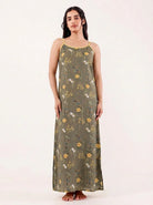 The Kaftan Company Negligee Olive Green Floral Modal Strappy Negligee with Yellow Trim