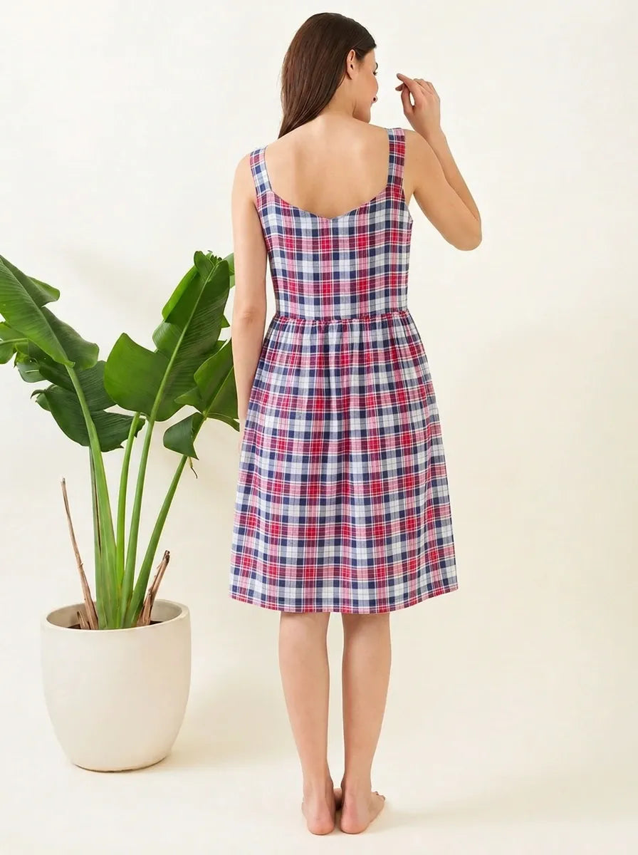 The Kaftan Company Negligee Red & Navy Plaid Cotton Nightdress with Crochet Lace Straps