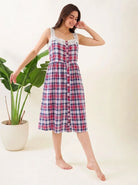 The Kaftan Company Negligee Red & Navy Plaid Cotton Nightdress with Crochet Lace Straps