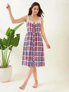 The Kaftan Company Negligee Red & Navy Plaid Cotton Nightdress with Crochet Lace Straps