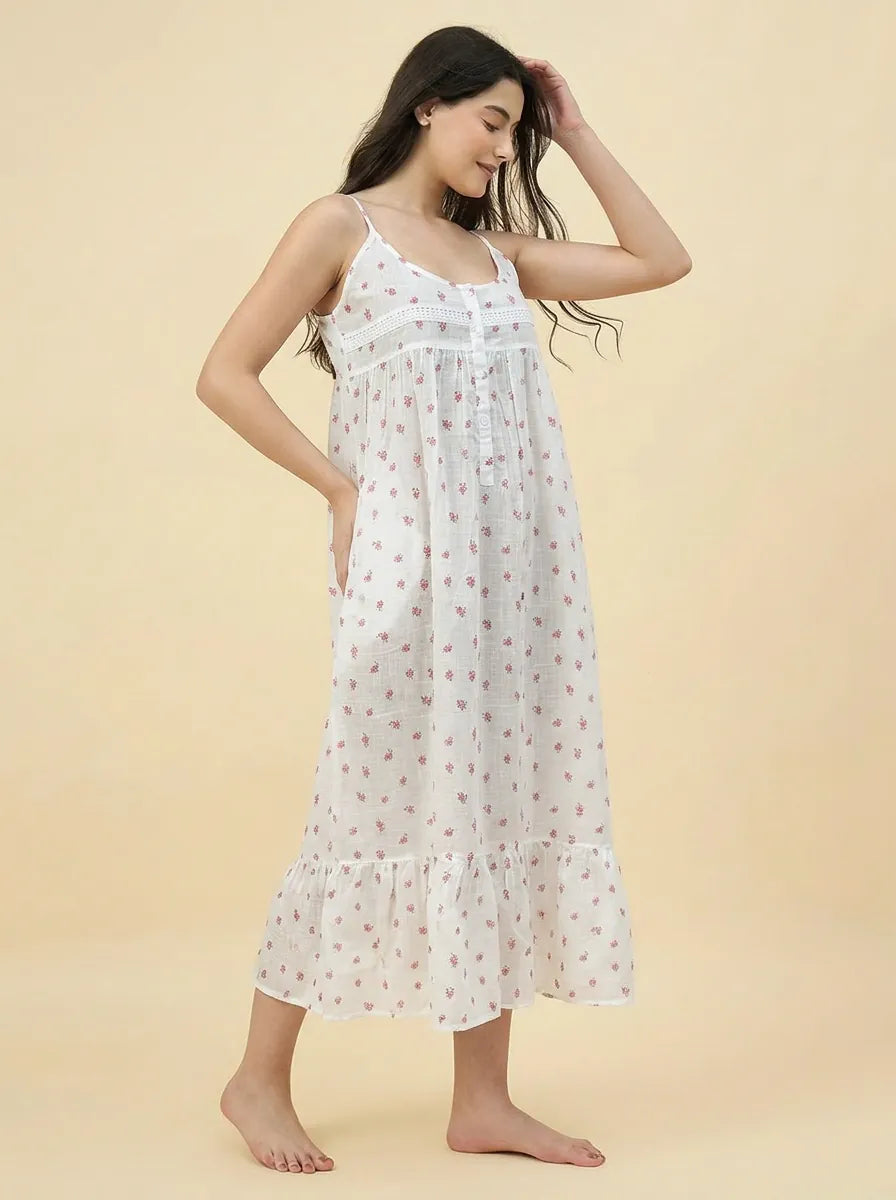 The Kaftan Company Negligee Rose Ditsy Floral White Cotton Nightdress