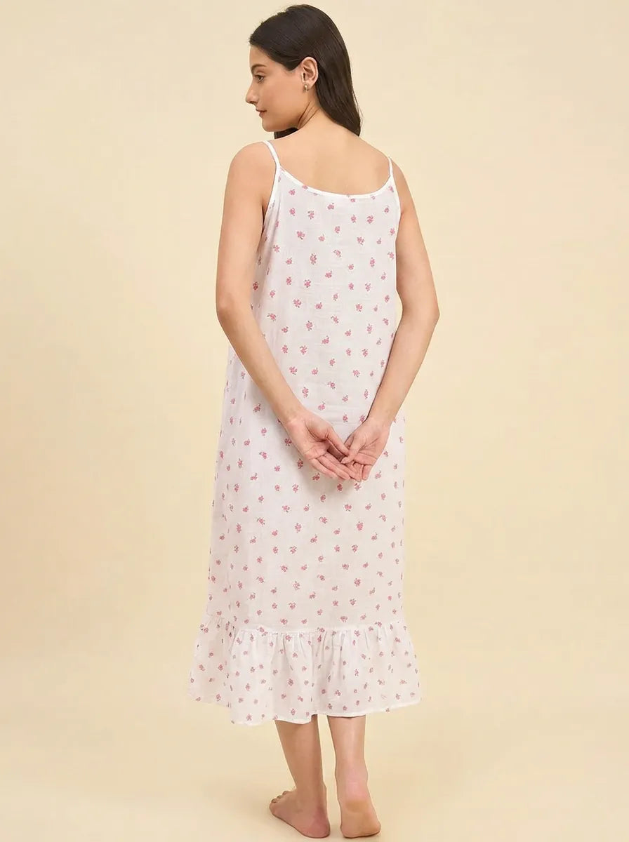 The Kaftan Company Negligee Rose Ditsy Floral White Cotton Nightdress