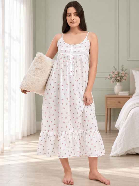 The Kaftan Company Negligee Rose Ditsy Floral White Cotton Nightdress