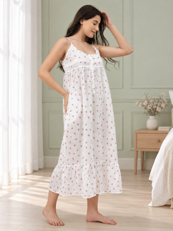 The Kaftan Company Negligee Rose Ditsy Floral White Cotton Nightdress