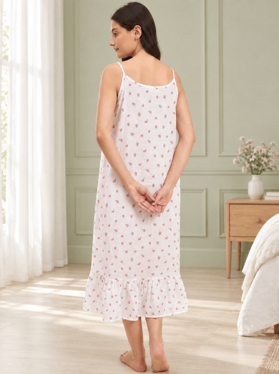 The Kaftan Company Negligee Rose Ditsy Floral White Cotton Nightdress