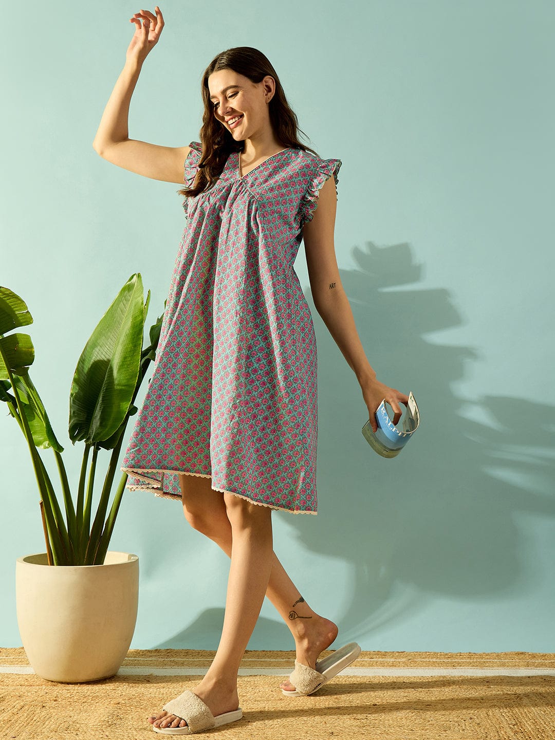 The Kaftan Company Negligee Teal Dream Lace Neck Night Dress