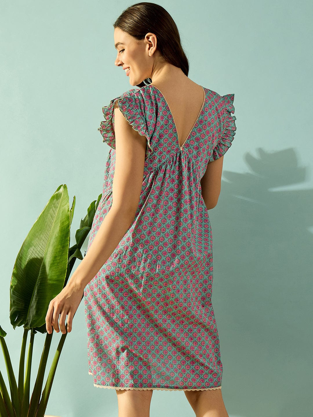 The Kaftan Company Negligee Teal Dream Lace Neck Night Dress