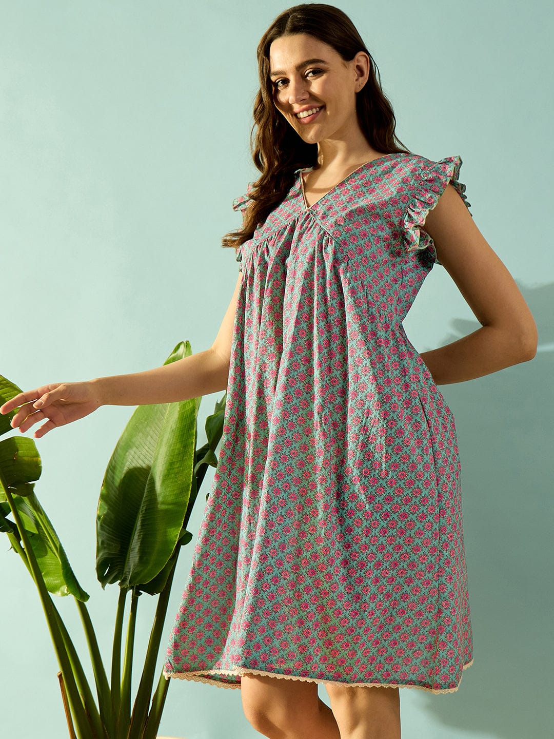 The Kaftan Company Negligee Teal Dream Lace Neck Night Dress