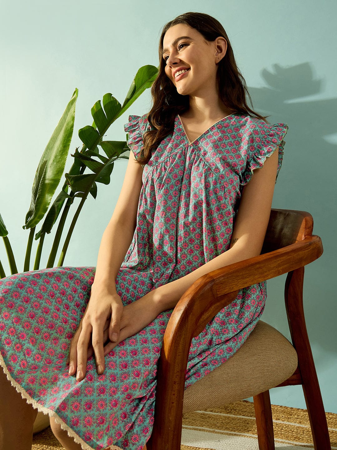 The Kaftan Company Negligee Teal Dream Lace Neck Night Dress