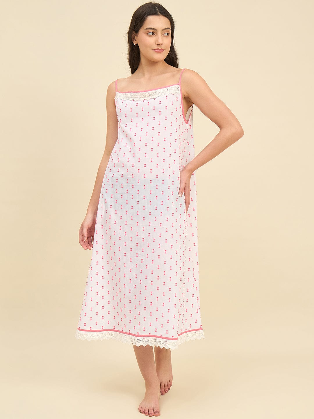 The Kaftan Company Negligee White Cotton Negligee with Pink Thread Embroidery and Lace Detail