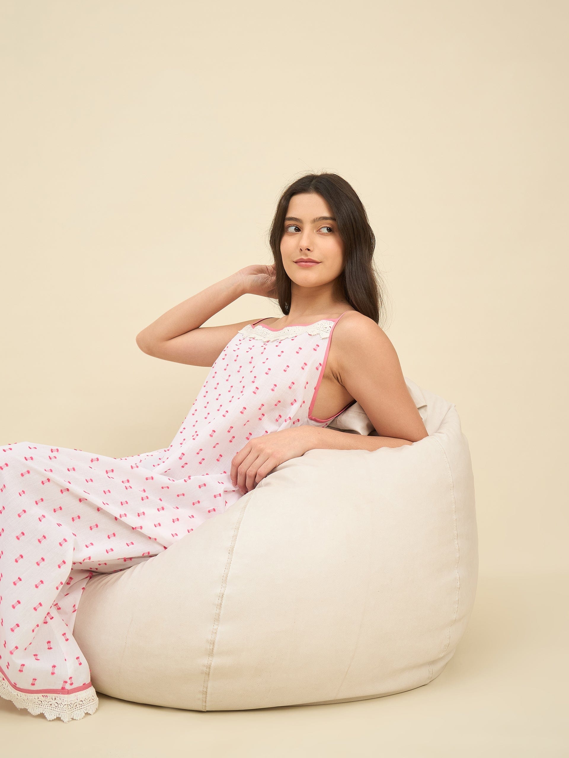 The Kaftan Company Negligee White Cotton Negligee with Pink Thread Embroidery and Lace Detail