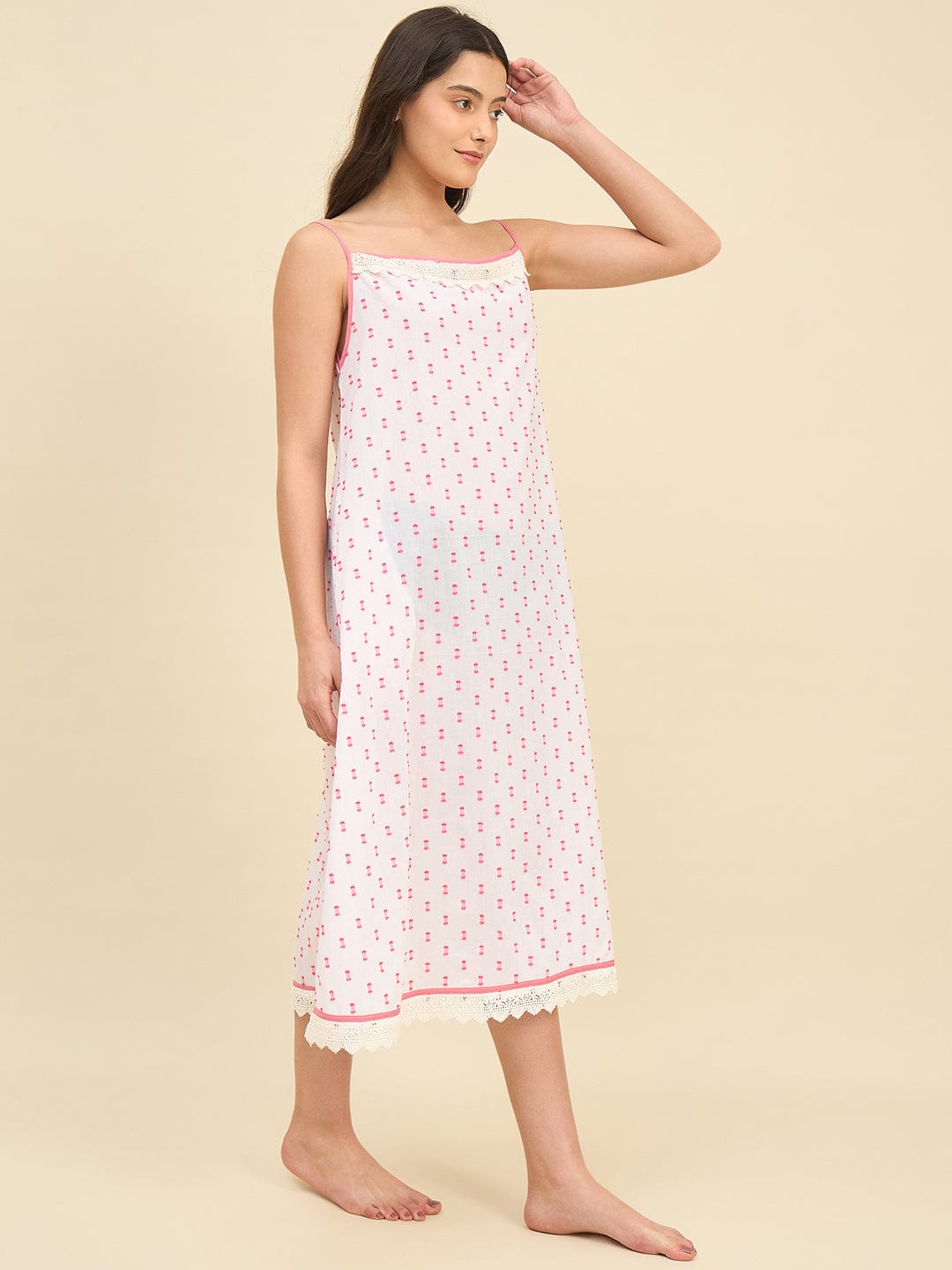The Kaftan Company Negligee White Cotton Negligee with Pink Thread Embroidery and Lace Detail