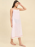The Kaftan Company Negligee White Cotton Negligee with Pink Thread Embroidery and Lace Detail