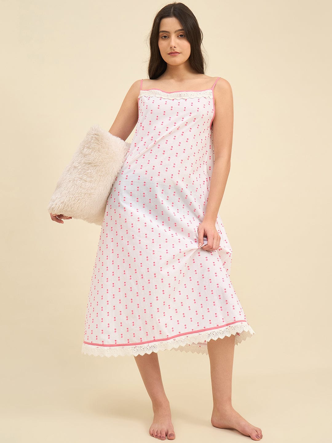 The Kaftan Company Negligee White Cotton Negligee with Pink Thread Embroidery and Lace Detail