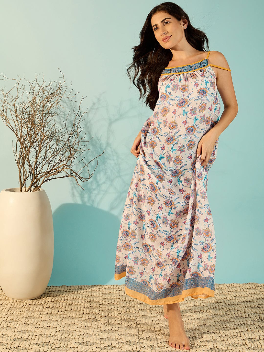 The Kaftan Company Negligee Women Floral Printed Modal Negligee Dress