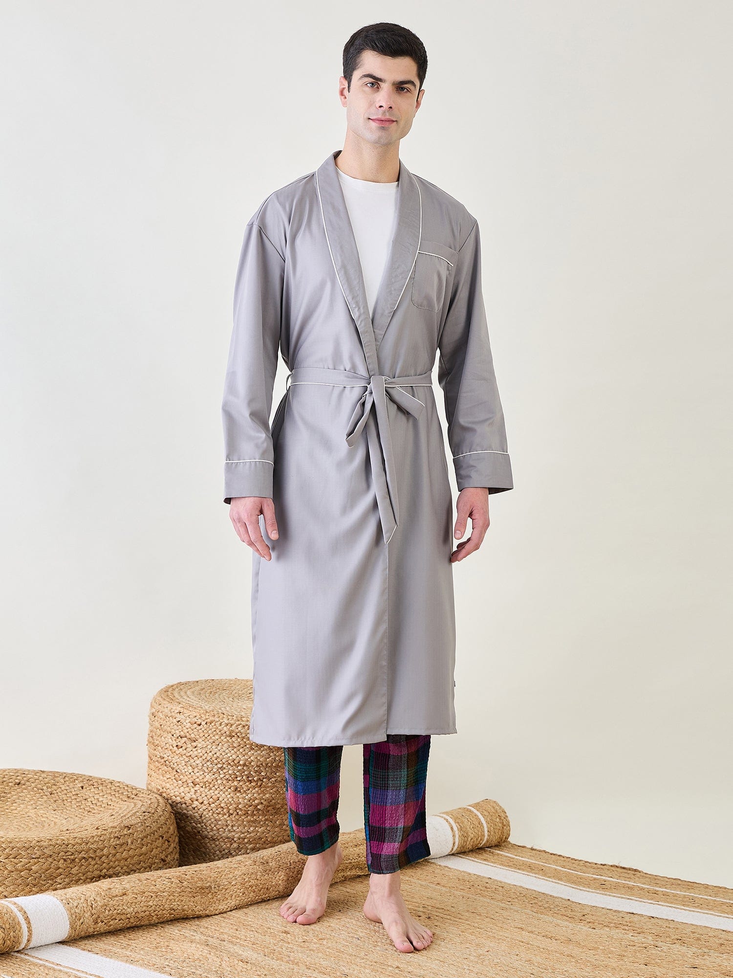 The Kaftan Company Night Robe Mens Grey Cotton Night Robe
